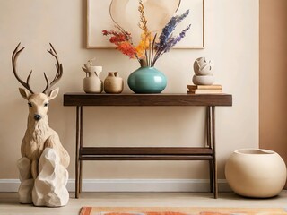 Elegant Interior Decor with Deer Statue and Vases