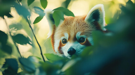 Obraz premium Captivating CloseUp of a Red Panda Face Amidst Green Foliage, Nature's Beauty