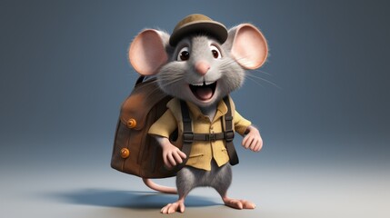 Fototapeta premium Smiling cartoon mouse backpacker, studio shot, light gray background, adventure concept