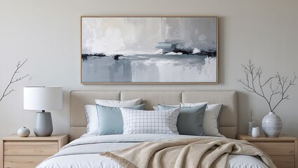 Serene Bedroom Interior: A calming bedroom features a light beige headboard, soft blue and white pillows, a cozy beige throw blanket and a horizontal abstract artwork above the bed.
