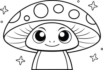 Outlined whimsical mushroom character with dots and stars on transparent background