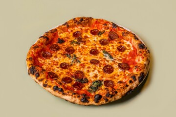 Close-up of a freshly baked pepperoni pizza with melted cheese and crispy crust