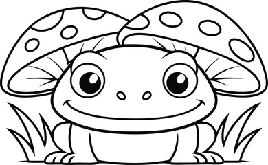 Cartoon Frog Sitting with Mushrooms Outline, Toadstool Hat, Animal on White
