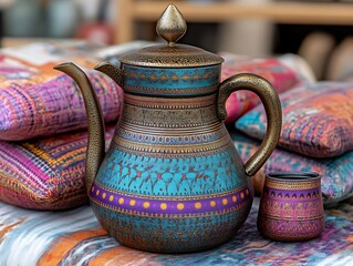 Ornate Teapot and Cup with Colorful Pillow