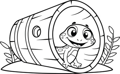 Cute Turtle Cartoon Character Peeking Out From a Wooden Barrel Outline Style