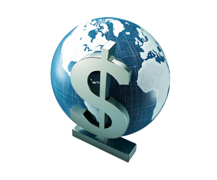 Global Finance Concept Silver Dollar Sign Dominating Earth Globe, Representing International Currency And Economic Power on White Background