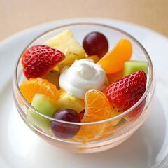 Colorful summer fruit salad in a clear glass bowl topped with creamy yogurt, ideal for healthy snacking and sunny day gatherings