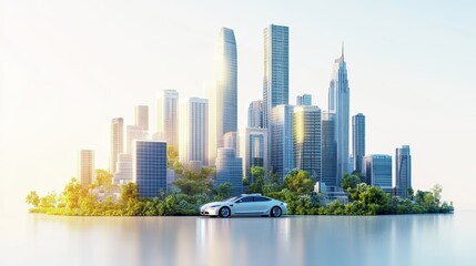 Naklejka premium A futuristic city skyline with electric cars, solar panels on buildings, and clean air, isolated on a pure white background, realistic lighting and shadow, ideal for cut-out and compositing