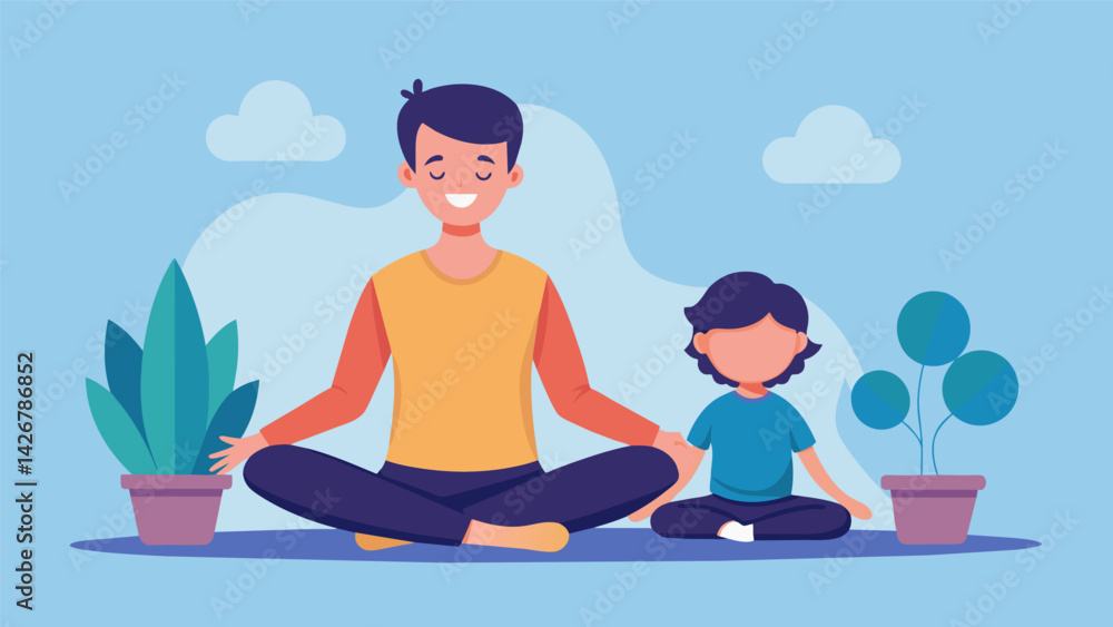 Poster a parent practicing mindfulness with their child teaching them to be present in the moment and not d