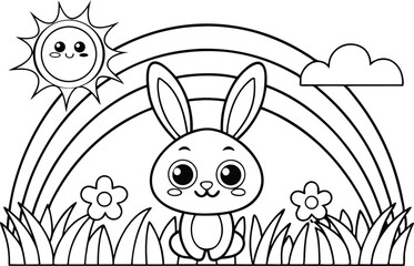Cartoon Rabbit with Rainbow, Sun, Cloud, and Flowers Outline on White Backdrop