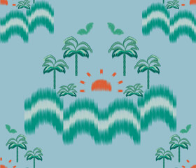Tropical Ikat Pattern with Sunset, Palm Trees, Ocean Waves. Ikat Seamless. Ikat Abstract palm tree. Abstract Summer. Springtime. Boho Vintage Palm Tree Seamless Pattern. Bohemian Textile Design