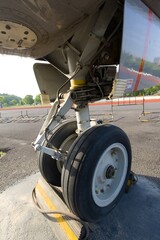 A close-up shot of a plane's front wheel, highlighting aircraft engineering details.
