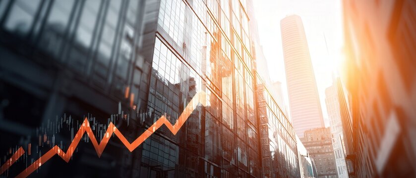 Rising Trend Line Over City Buildings Suggesting Growth in Real Estate Stocks