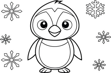 Cartoon Outline Penguin with Snowflakes Design on White Isolated Background