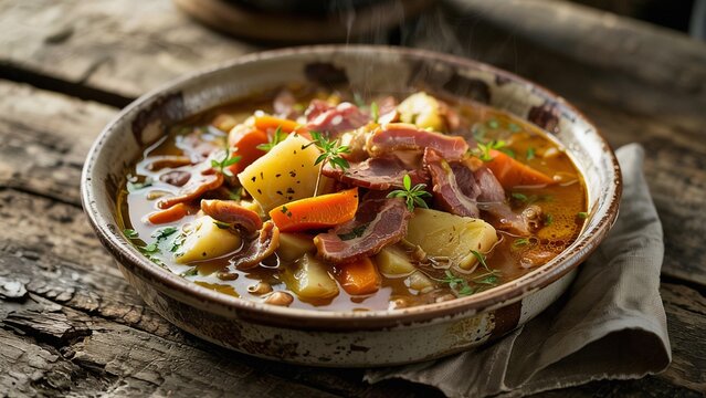 Extreme close-up of Tatws Pum Munud, a rustic Welsh stew of sliced potatoes, bacon, and carrots simmered in rich broth.