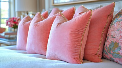 Plush Coral Cushions on Soft Sofa in Bright Living Room Setting