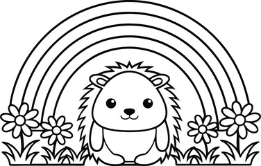 Cartoon hedgehog under rainbow with flowers outline on transparent background art