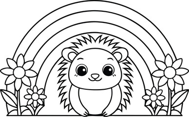 Outline Art Smiling Hedgehog Under Rainbow with Flowers on Transparent Background