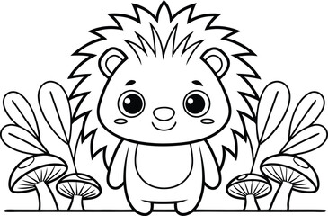 Cute Smiling Hedgehog Character with Mushrooms and Leaves in Black and White Outline
