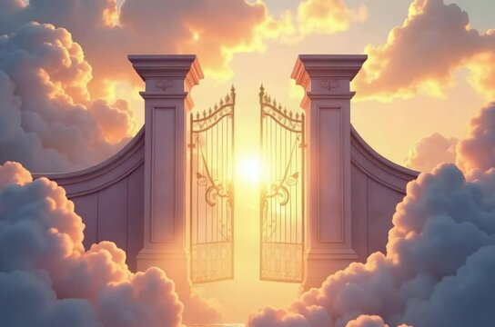 Pearly gates of heaven stand in the fluffy clouds