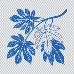 Blue papaya leaf branch vector with bold silhouette and fine outline detail on transparent background, perfect for botanical art, tropical design themes, and decorative foliage projects.