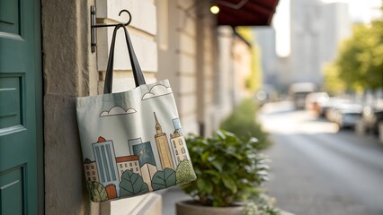 A stylish mockup of a tote bag hanging from a hook against a blurred urban backdrop with a hint of greenery. Showcase the bag's design and its potential use for everyday carry