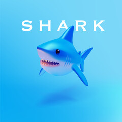 Predatory hungry shark character swimming underwater, 3D. Realistic shark. Wild big fish with teeth are attacking. Vector illustration.