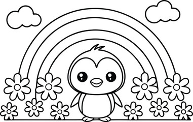 Cute Penguin Cartoon with Rainbow, Cloud and Flowers Outline on White Background