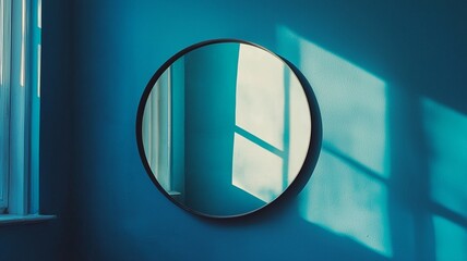 window with flowers and curtains with small circle mirror. generative ai