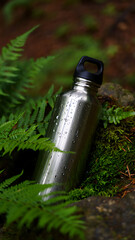 Eco-friendly reusable water bottle resting peacefully among lush green plants in a calm, forest-inspired outdoor nature setting
