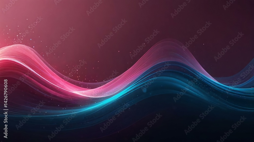 Poster abstract flowing waves of pink and blue light against a dark maroon backdrop with sparkling particle