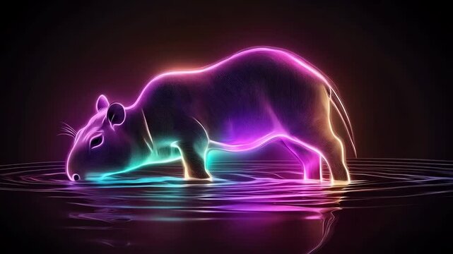 Colorful neon capybara drinking water on dark background. Luminous animal video with vibrant light effect