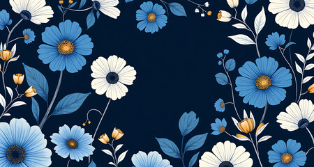 Botanical Floral Frame with Blue and White Daisies on Dark Background.