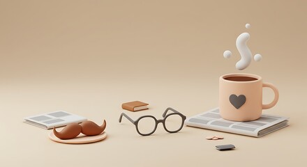 Father's Day 3D Render: Mug of Coffee with Heart & Mustache, Newspaper, Eyeglasses on Beige Background in Warm Lighting, Celebrating Paternal Bonds with Love and Warmth