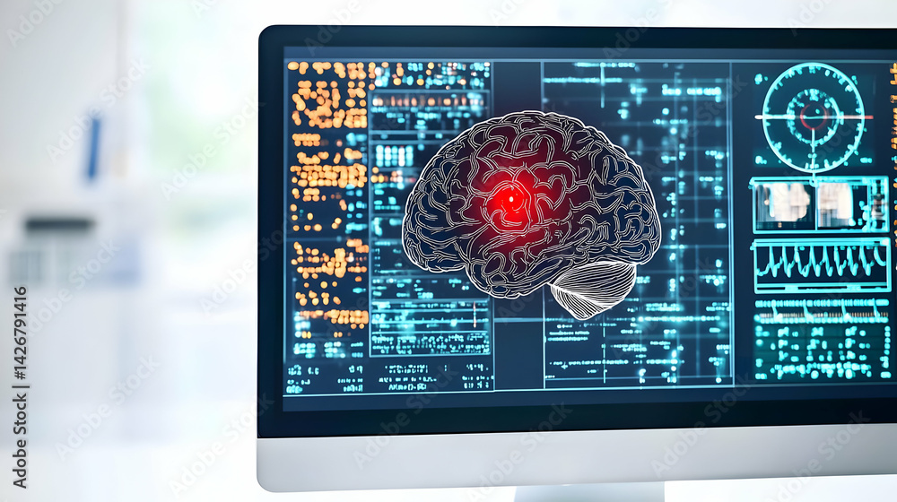 Poster digital brain graphic on computer screen