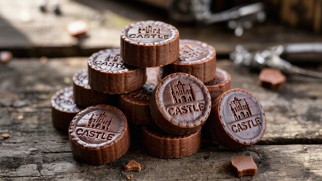 Extreme close-up of Pontefract Cakes  Small, round licorice sweets stamped with a castle design.