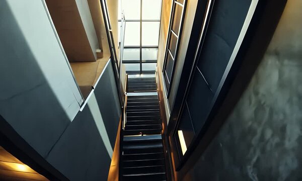 Modern building interior with stairs and sunlight filtering from top. Warm light and cool textures blend in this contemporary space