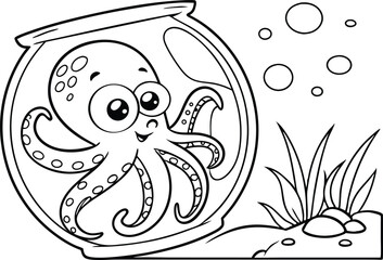 Outlined Cartoon Octopus Inside Fish Bowl With Bubbles, Grass, And Pebble Design