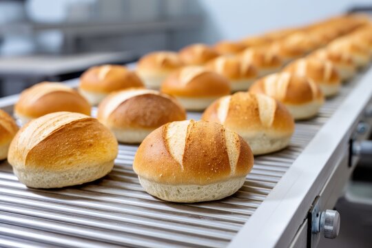 Freshly baked bread rolls on conveyor belt, in modern food processing factory.
