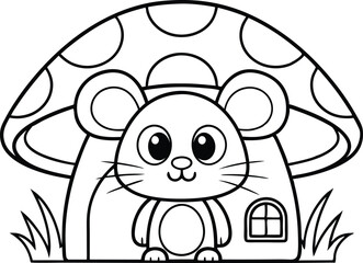 Cute Cartoon Outline Mouse in Mushroom House with Window Line Art Design
