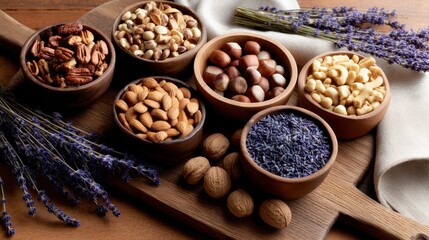 A beautifully arranged selection of nuts and lavender on a wooden table, showcasing natural textures