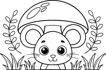 Whimsical Mouse Under Mushroom Outline with Grass and Floral Accents