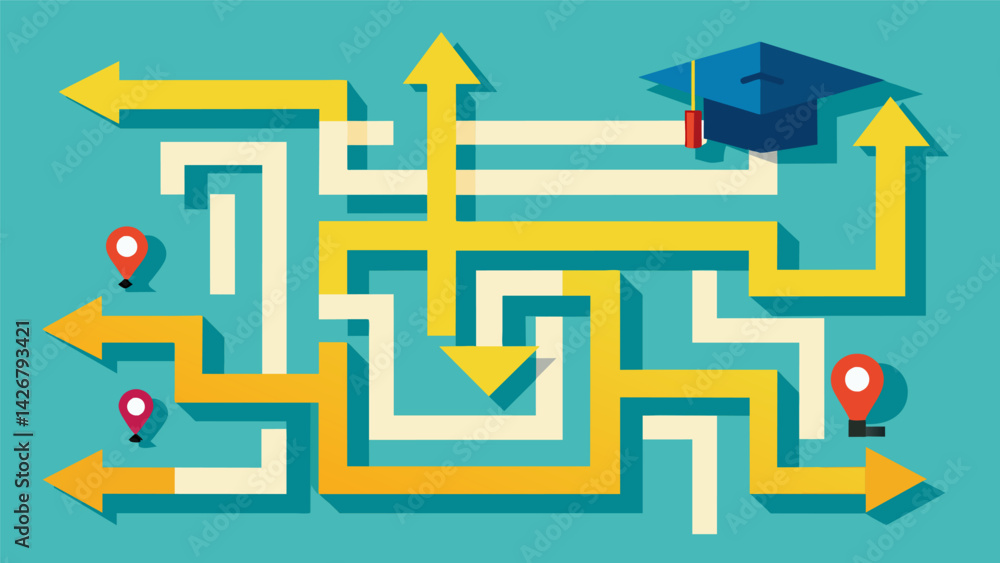 Poster a maze with arrows pointing towards the finish line some marked college degree and others no degree 