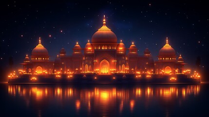 Illuminated Building at Night Reflection