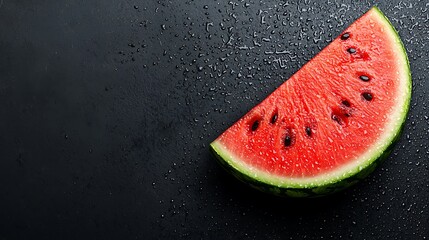 Fresh watermelon slice with water droplets on a dark background, a refreshing summer fruit with vibrant color and healthy appeal.