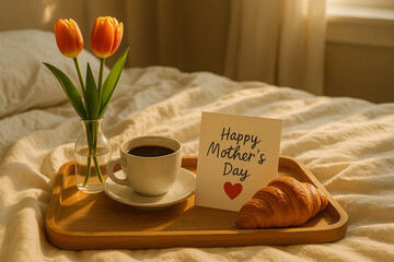 Café da manhã na cama com flores e cartão de Dia das Mães ao amanhecer, em uma cena aconchegante e delicada para celebrar com amor