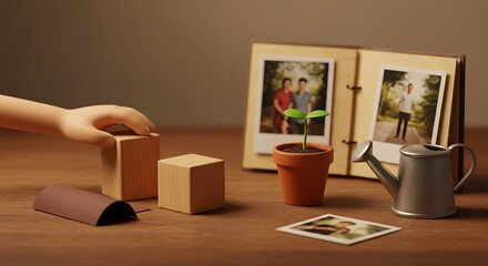 Hand with Wood Blocks, Sprout, Photo Album, & Watering Can on Wooden Table: Family Memories, Nostalgia, Growth & Care in Warm Light - Father's Day Concept