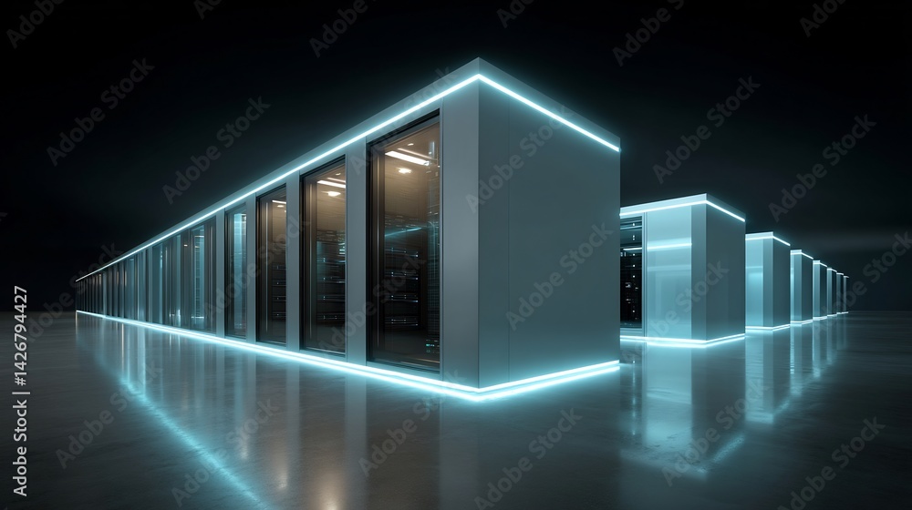 Poster modern data center with neon illumination, showcasing server racks infrastructure