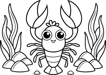 Outlined Cartoon Crustacean with Rocks and Aquatic Plants on White Background