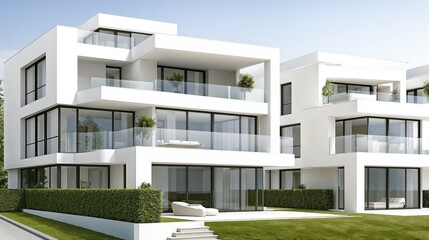 Modern White Houses with Glass Balconies in a Green Setting  